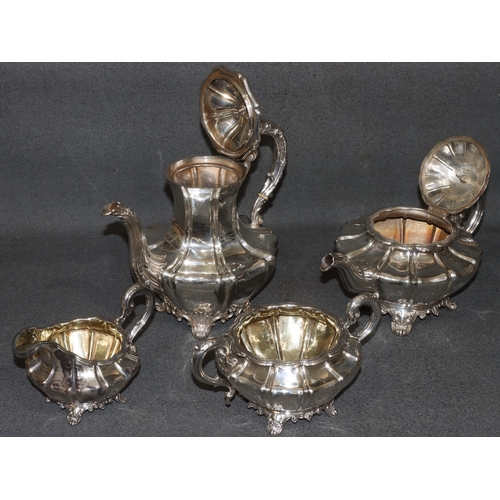 489 - A William IV 4-piece Harlequin silver round bulbous shaped tea service with scroll handles on splaye... 