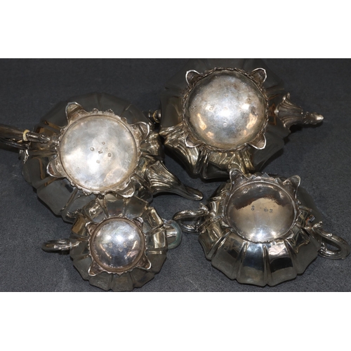 489 - A William IV 4-piece Harlequin silver round bulbous shaped tea service with scroll handles on splaye... 