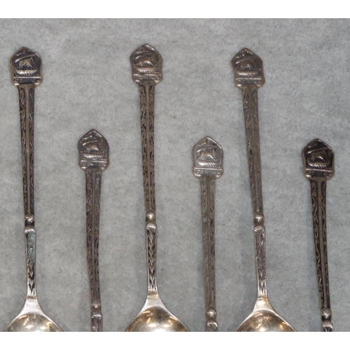 492 - A set of 6 800 silver coloured metal teaspoons, 1.7oz and 12 Continental spoons with china finials