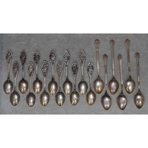 492 - A set of 6 800 silver coloured metal teaspoons, 1.7oz and 12 Continental spoons with china finials