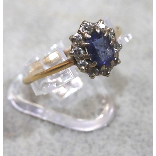 714 - A ladies' gold oval cluster ring set with centre pale blue stone surrounded by small diamonds (blue ... 