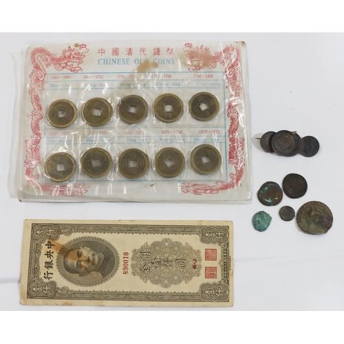 745 - A Victorian silver brooch in the form of sixpences etc., 5 various odd early coins, 10 Chinese coins... 