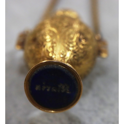 748 - A gold pendant snuff bottle/seal in the form of an urn with hinged lid with allover engraved scroll ... 