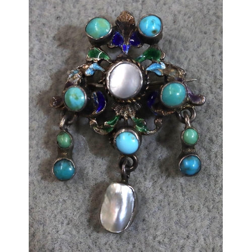 755 - A silver and enamelled brooch with drop, mounted with turquoise and pearls (some damage to enamel), ... 