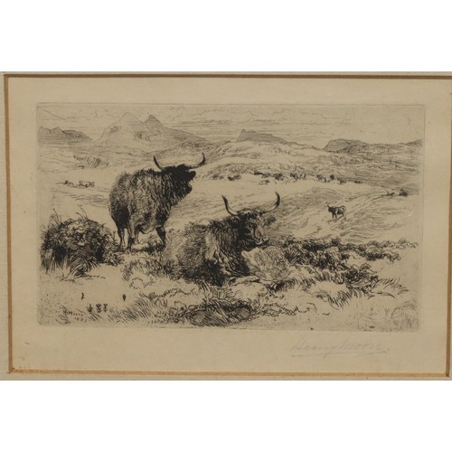 206 - Henry Moore, signed etching, 13cm x 19cm, depicting Highland Cattle in landscape, signed in pencil 