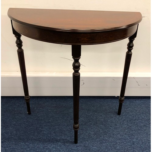 1404 - A reproduction mahogany demi-lune side table, 76cm wide, 36.5cm deep, 76cm high.