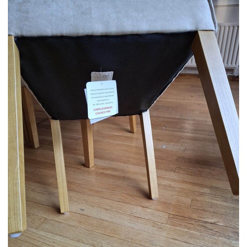 1406 - A set of 4 dining chairs with light grey suede effect fabric seats and backs.