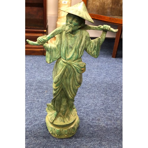 1255 - A green metal Oriental figure of a man , 45.5cm high with 2 matching pots