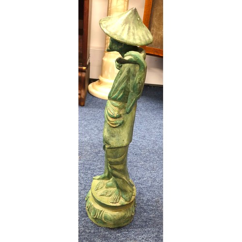 1255 - A green metal Oriental figure of a man , 45.5cm high with 2 matching pots