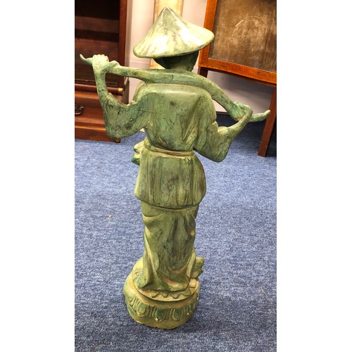 1255 - A green metal Oriental figure of a man , 45.5cm high with 2 matching pots