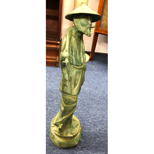 1255 - A green metal Oriental figure of a man , 45.5cm high with 2 matching pots