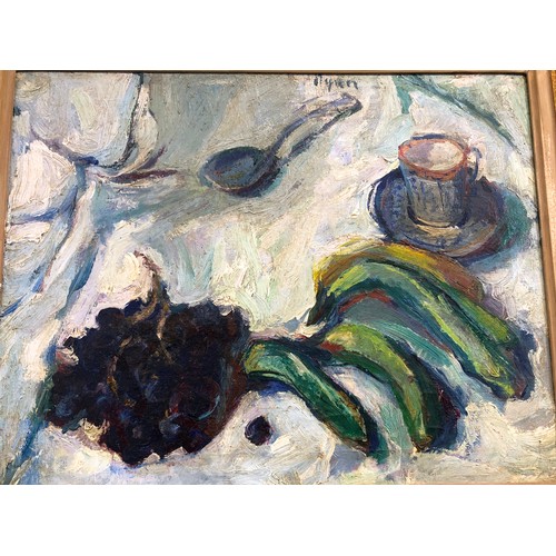 224 - Adrian Ryan (1920/1998), oil on canvas, 35cm x 44.5cm, still life depicting grapes, bananas, cup and... 