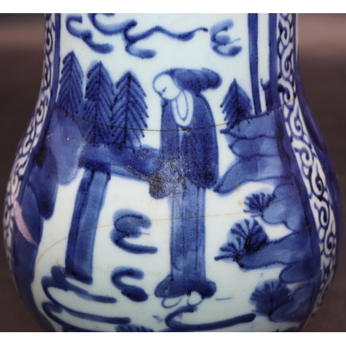 170 - An 18th/19th Century Oriental blue and white round bulbous shaped tankard with allover figure, lands... 