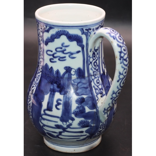 170 - An 18th/19th Century Oriental blue and white round bulbous shaped tankard with allover figure, lands... 