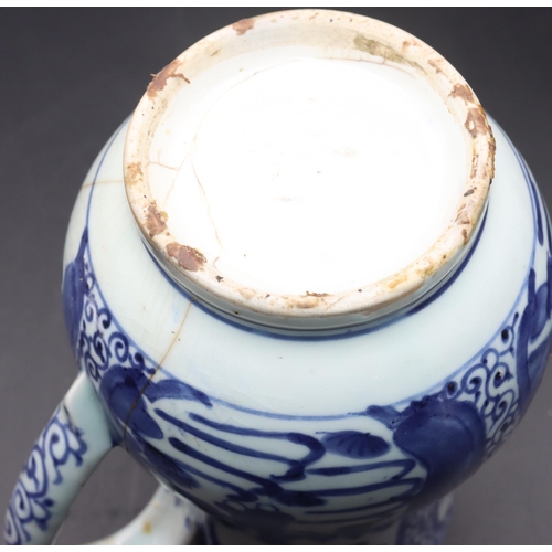 170 - An 18th/19th Century Oriental blue and white round bulbous shaped tankard with allover figure, lands... 