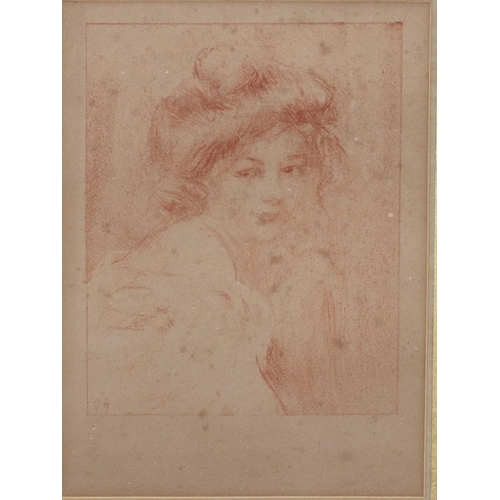 220 - Albert De Belleroche (British 1864-1944), red lithograph, 24cm x 17.5cm, a shoulder length portrait ... 