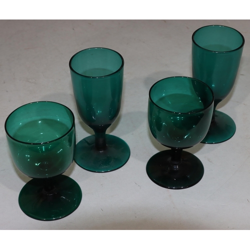 48 - A pair of 18th/19th Century Bristol green bulbous shaped glasses on round bases, 11.2cm high and a p... 