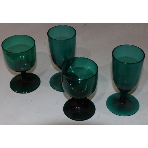 48 - A pair of 18th/19th Century Bristol green bulbous shaped glasses on round bases, 11.2cm high and a p... 