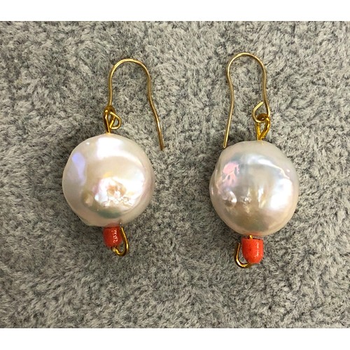 1264 - A pair of coral and pearl style  pendant earrings, 3.5cm long