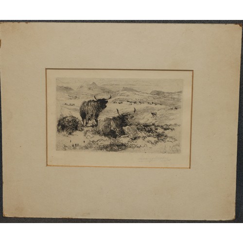 206 - Henry Moore, signed etching, 13cm x 19cm, depicting Highland Cattle in landscape, signed in pencil 