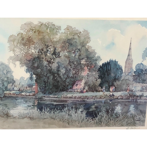 1050 - A Sturgeon print depicting river, Salisbury Cathedral spire, trees and people, 49 x 63cm, with water... 