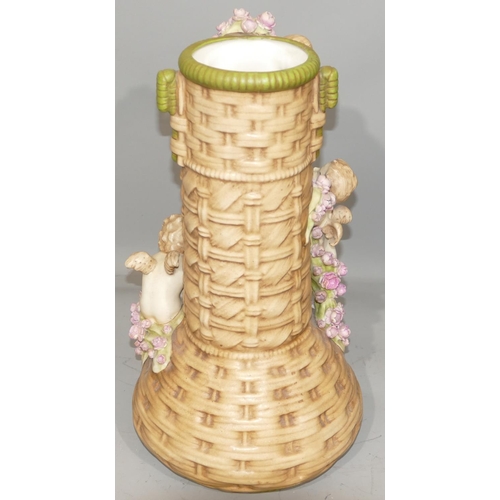 149 - A large amphora large round bulbous thin necked vase with wicker decoration and 3 raised cupid motif... 