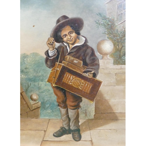 209 - A pair of oil on cards, 19cm x 14cm, depicting continental street musicians, 1 indistinctly signed a... 