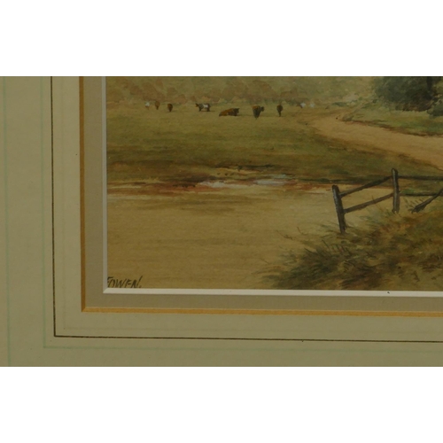 210 - F Owen watercolour, 18 x 27cm, depicting figure standing outside cottage, signed, in gilt frame.