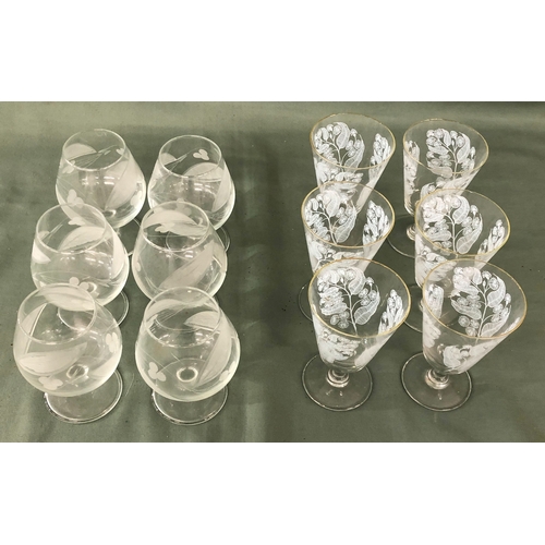 2016 - A set of 6 goblets with etched leaf pattern and 6 brandy glasses with etched leaf pattern.