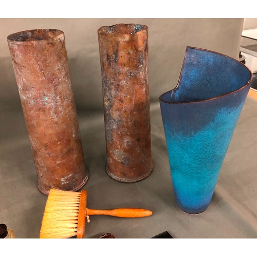 2019 - 2 WWII shells, 29.5cm high, a blue earthenware vase stamped G Wilson to base, 27.5cm high, a small l... 