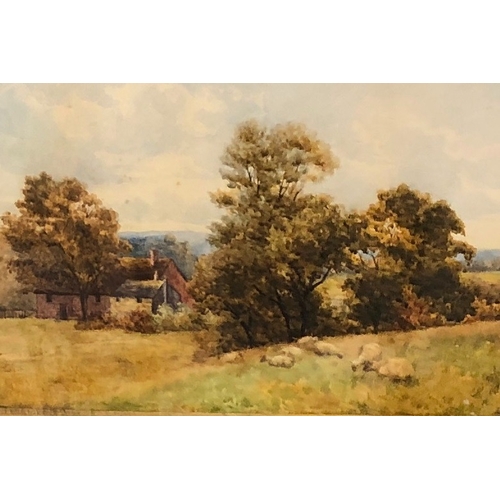 2030 - 2 Alice J Watts watercolours, house with lady and child under a tree, 26 x 35.5cm, sheep with house ... 