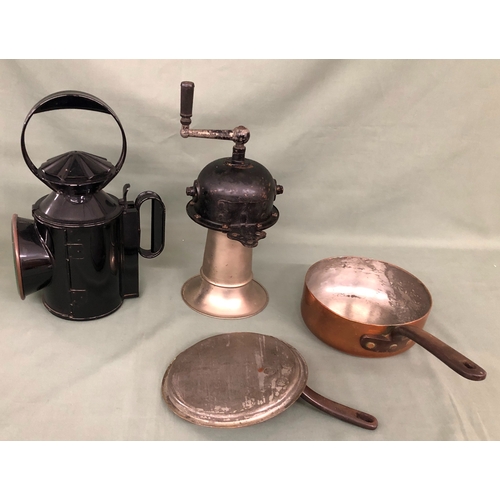 2054 - A vintage French Vibrophone, 34cm high overall, a railway lamp, 33cm high and a copper pan with lid.