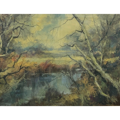 2075 - A watercolour of river and winter trees on riverbank, 30 x 40cm, signed to corner and in gilt frame.