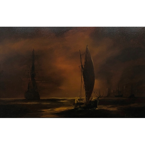 2076 - An oil on canvas of various sailing boats, signed Kenneth Hammond, 49.5 x 75cm, in gilt frame