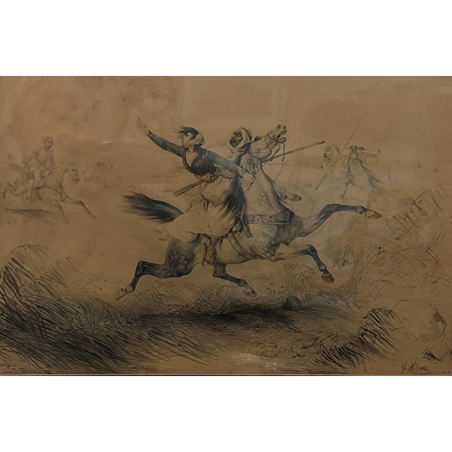 2077 - A print depicting the kidnapping of Helene by the Arabs and being chased by the French Cavalry, 25.5... 