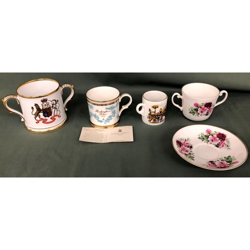 2101 - A pair of Coalport dishes, a Wedgwood Harlech plate, a Regency cup and saucer, a Buckingham Palace m... 