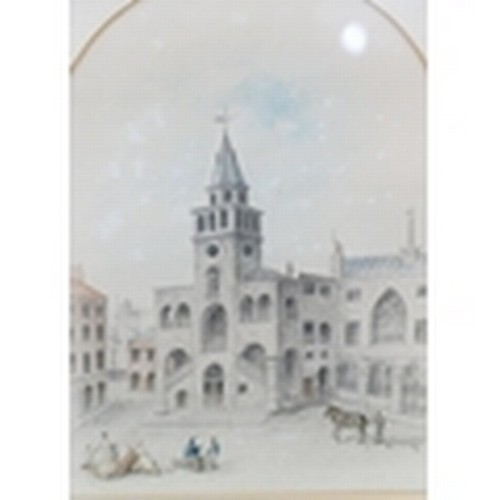 215 - J Wood, pair of watercolours with arched tops, depicting market square and tavern, in gilt frames, b... 