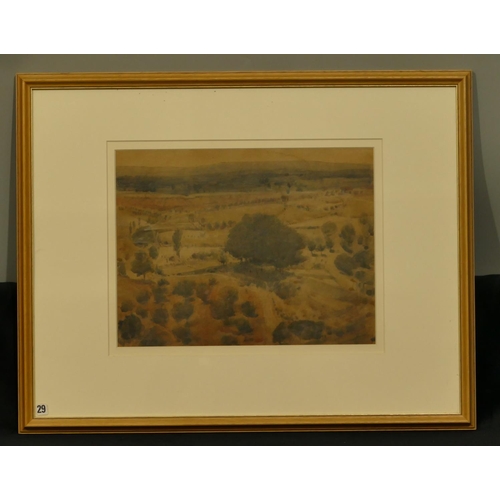 220 - Edward Pullee watercolour of open landscape from hilltop, signed, indistinctly labelled to reverse, ... 