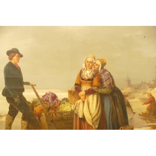 225 - Jean Platteel, 19th Century Oil on Canvas depicting salesman with sledge on a frozen lake and ladies... 