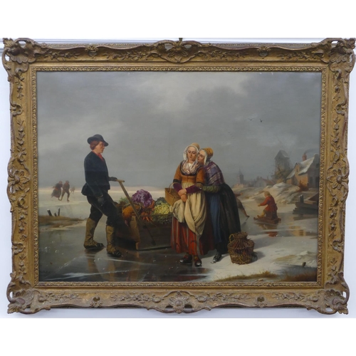 225 - Jean Platteel, 19th Century Oil on Canvas depicting salesman with sledge on a frozen lake and ladies... 