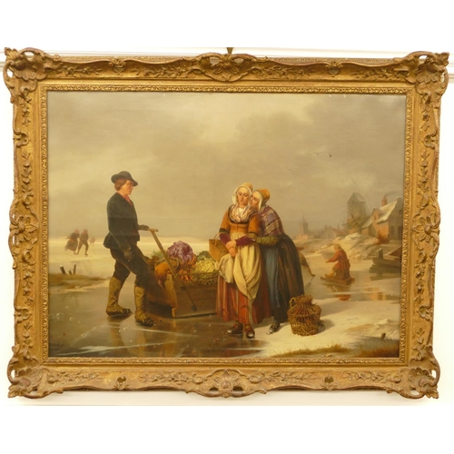 225 - Jean Platteel, 19th Century Oil on Canvas depicting salesman with sledge on a frozen lake and ladies... 