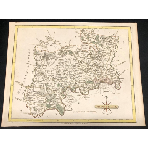 2329 - An 18th Century J. Cary hand coloured map, Middlesex 29cm x 22.5cm and 3 other maps, Hampshire, Suss... 