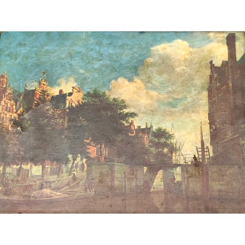 2331 - 2 coloured prints of buildings and foliage, signed in pencil, framed and an oil on canvas of canal a... 