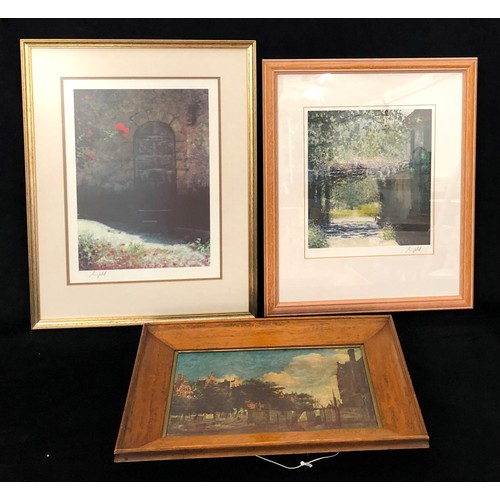 2331 - 2 coloured prints of buildings and foliage, signed in pencil, framed and an oil on canvas of canal a... 