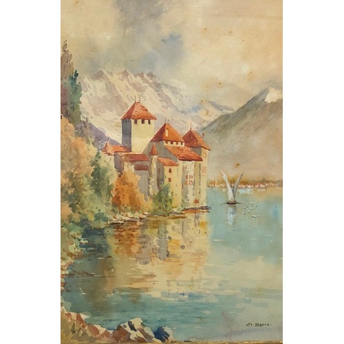 2287 - A watercolour of lakeside, mountain scene with buildings by shore, signed M. Lewis, 34. x 24.5cm, in... 