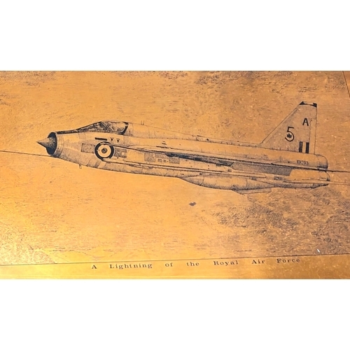 2071 - A copper etched Royal Air Force Vulcan, 42 x 27 cm, framed and a pair of aircraft prints, Avro 504 K... 