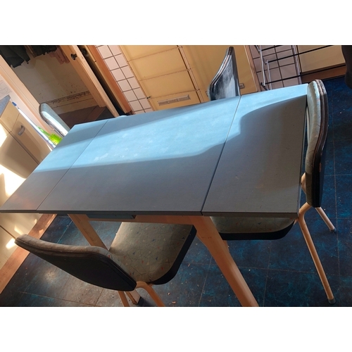 2114 - A retro extending kitchen table with blue formica top, 61cm wide, 122cm long extended, 71cm closed, ... 