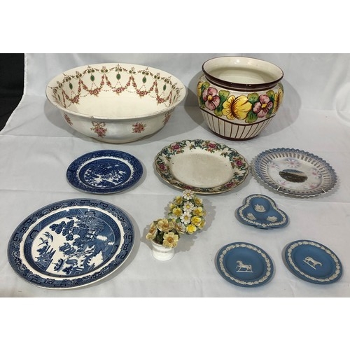 2281 - A quantity of various china including a washstand bowl 41cm diameter (no jug), 3 small blue Wedgwood... 