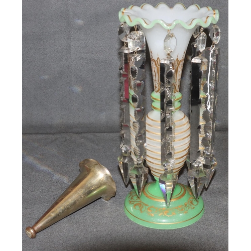 1 - A Victorian Opaline and pale green shaped lustre with scallop shaped rim and allover gilt decoration... 