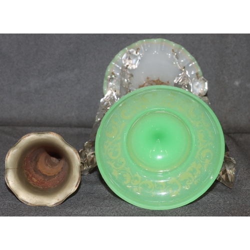 1 - A Victorian Opaline and pale green shaped lustre with scallop shaped rim and allover gilt decoration... 